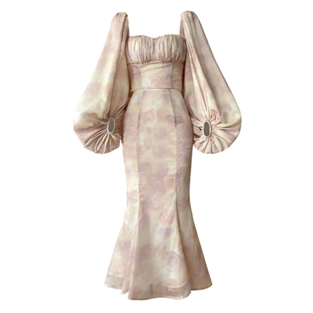Delilah 2 Pieces Set Square Collar Lantern Sleeve Top Hip Wrap Fishtail Skirt