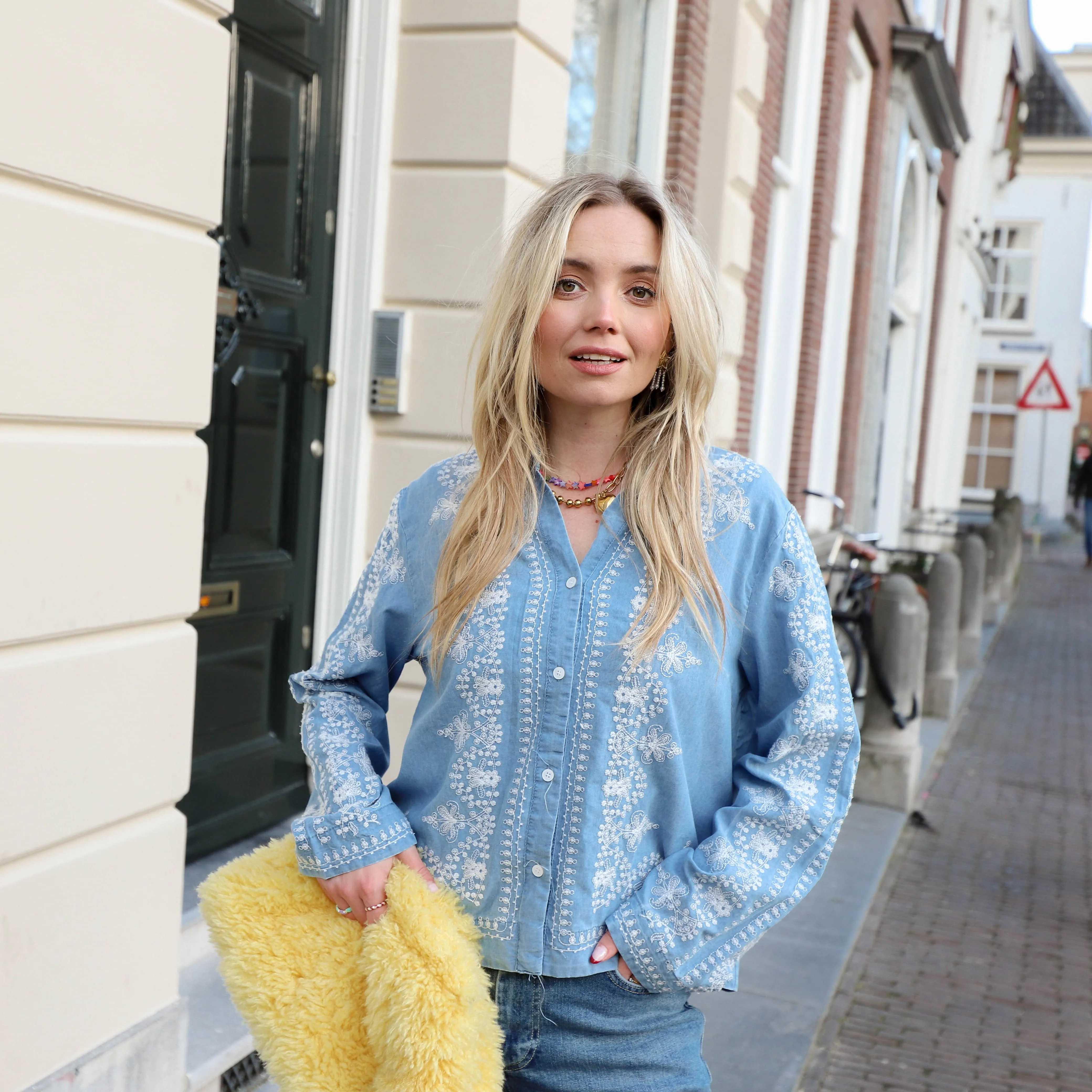 Denim broderie blouse