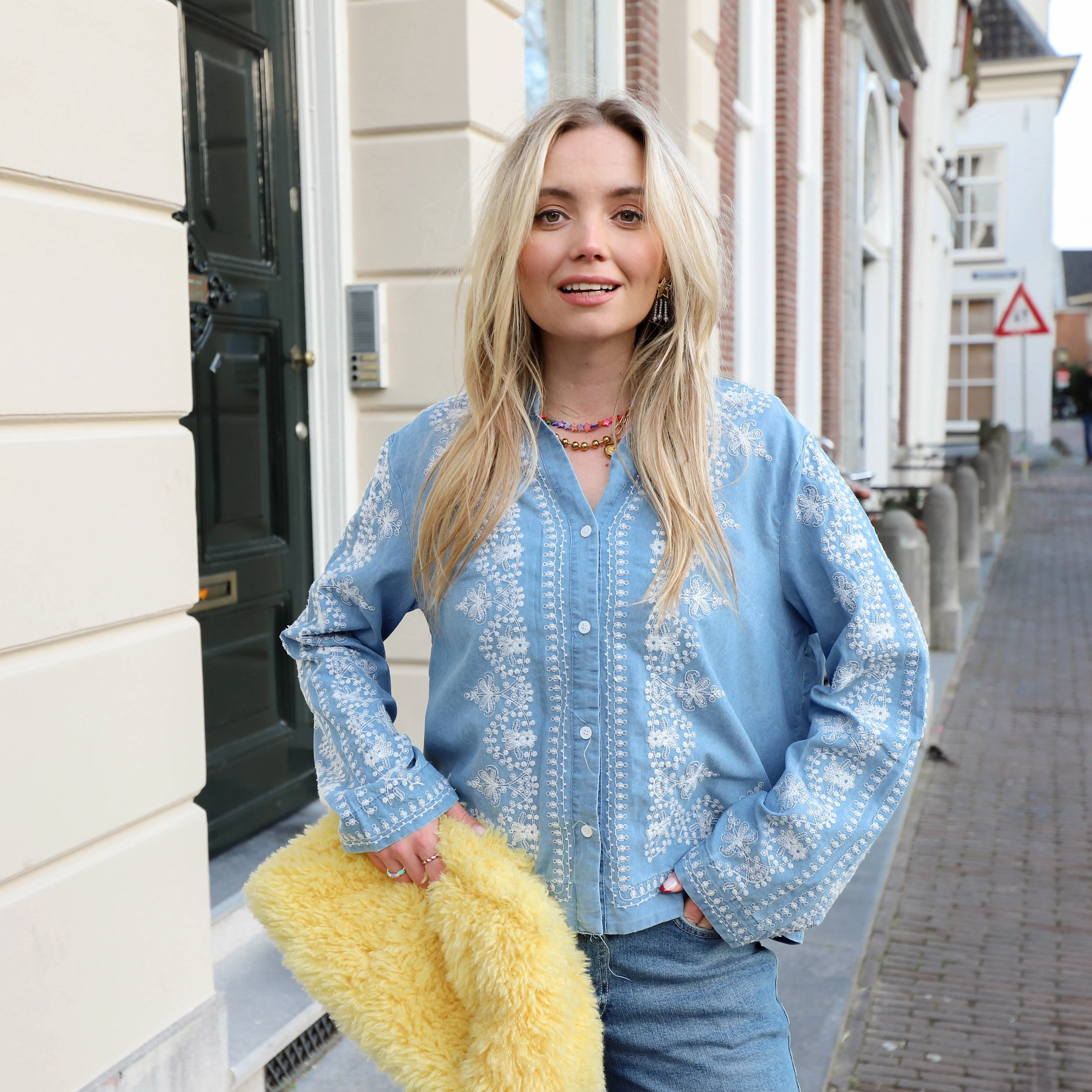 Denim broderie blouse