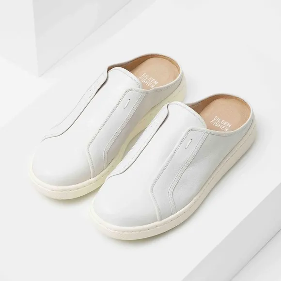EILEEN FISHER 11 11.5 News Washed Leather Sneaker Mules in White / Light Grey