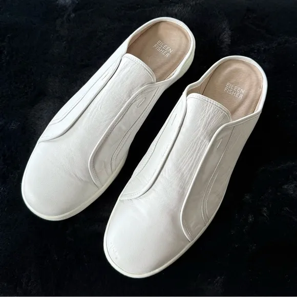 EILEEN FISHER 11 11.5 News Washed Leather Sneaker Mules in White / Light Grey