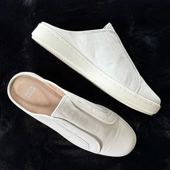 EILEEN FISHER 11 11.5 News Washed Leather Sneaker Mules in White / Light Grey