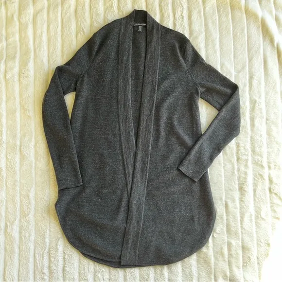 EILEEN FISHER charcoal gray wool open front cardigan with curved hem