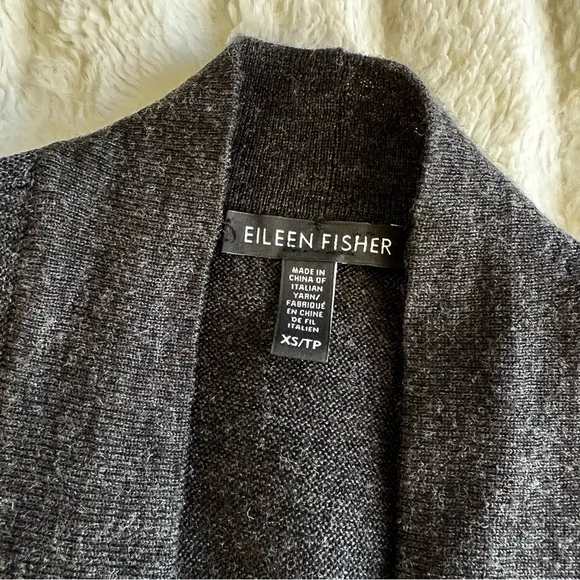 EILEEN FISHER charcoal gray wool open front cardigan with curved hem