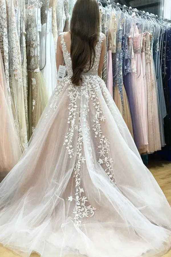 Elegant A-Line V-Neck Long Tulle Backless Wedding Dresses with Beading Appliques OK561