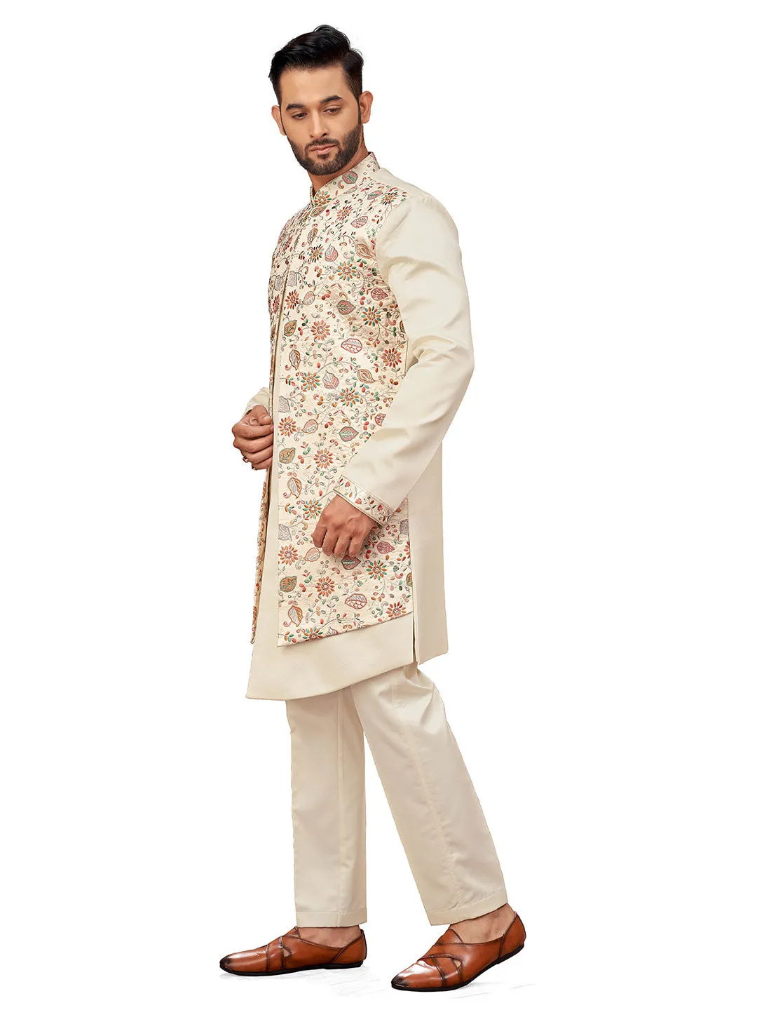 Elegant Cream Indo-Western Set with Exquisite Floral Embroidery