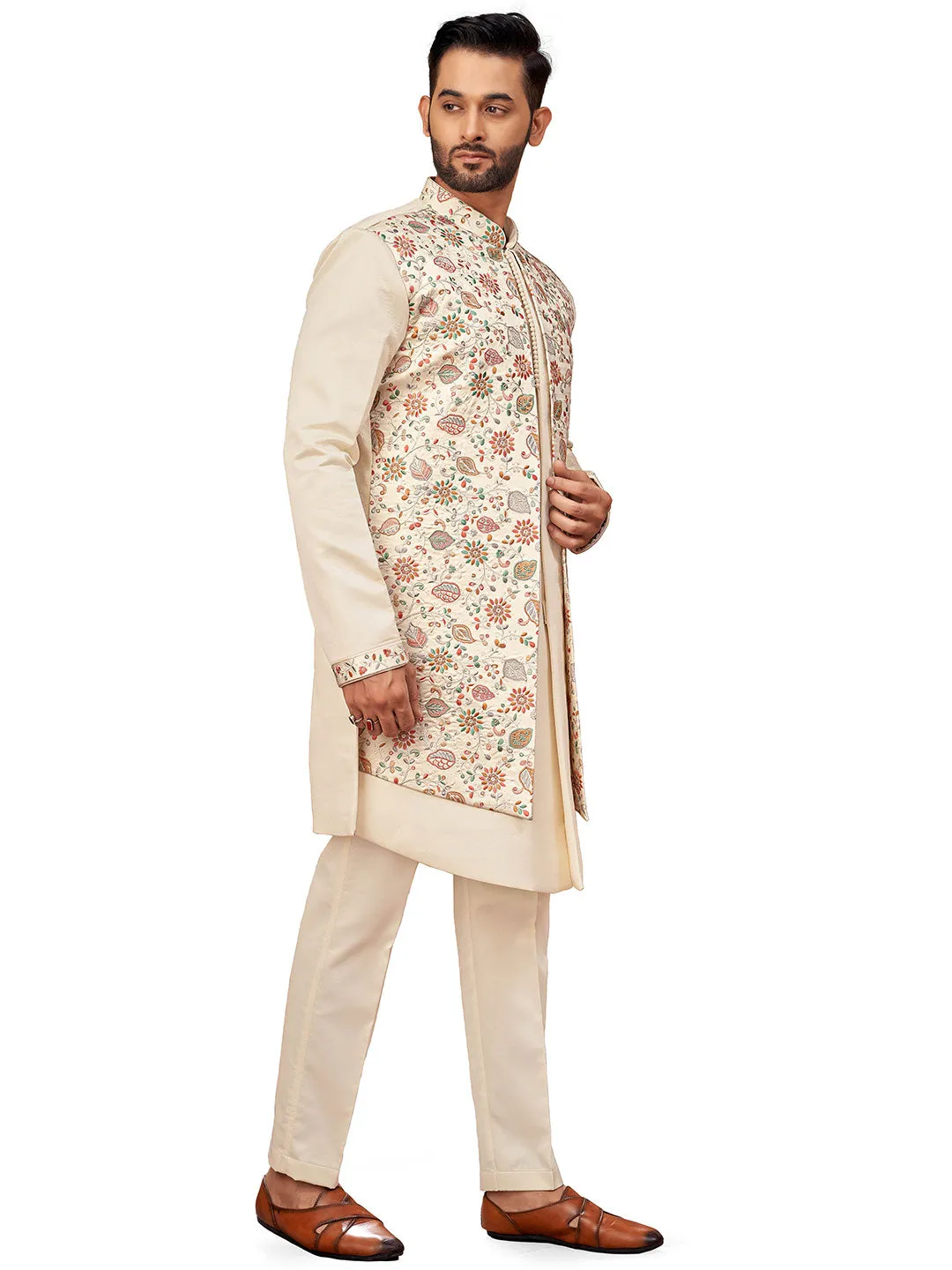 Elegant Cream Indo-Western Set with Exquisite Floral Embroidery