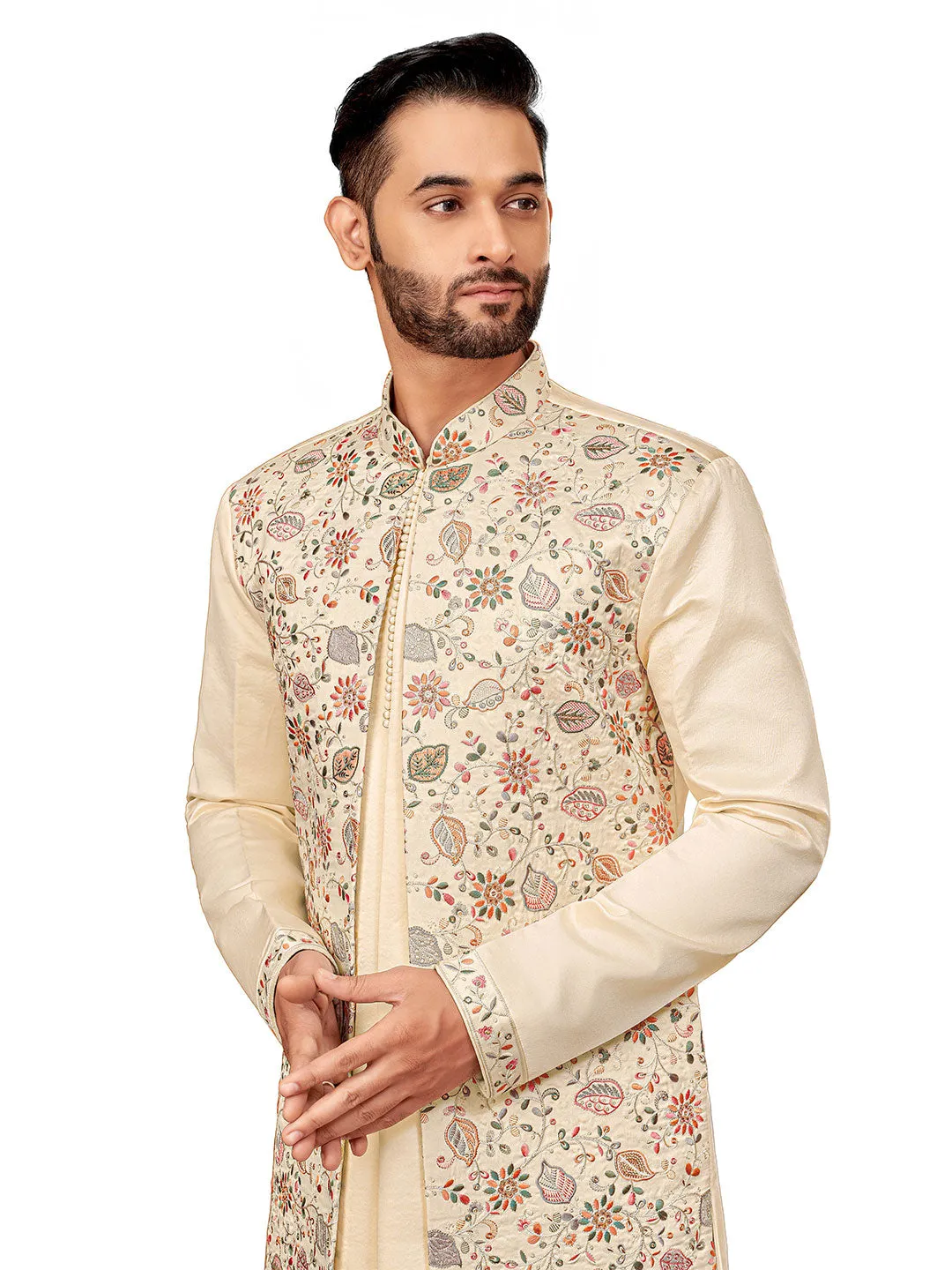 Elegant Cream Indo-Western Set with Exquisite Floral Embroidery