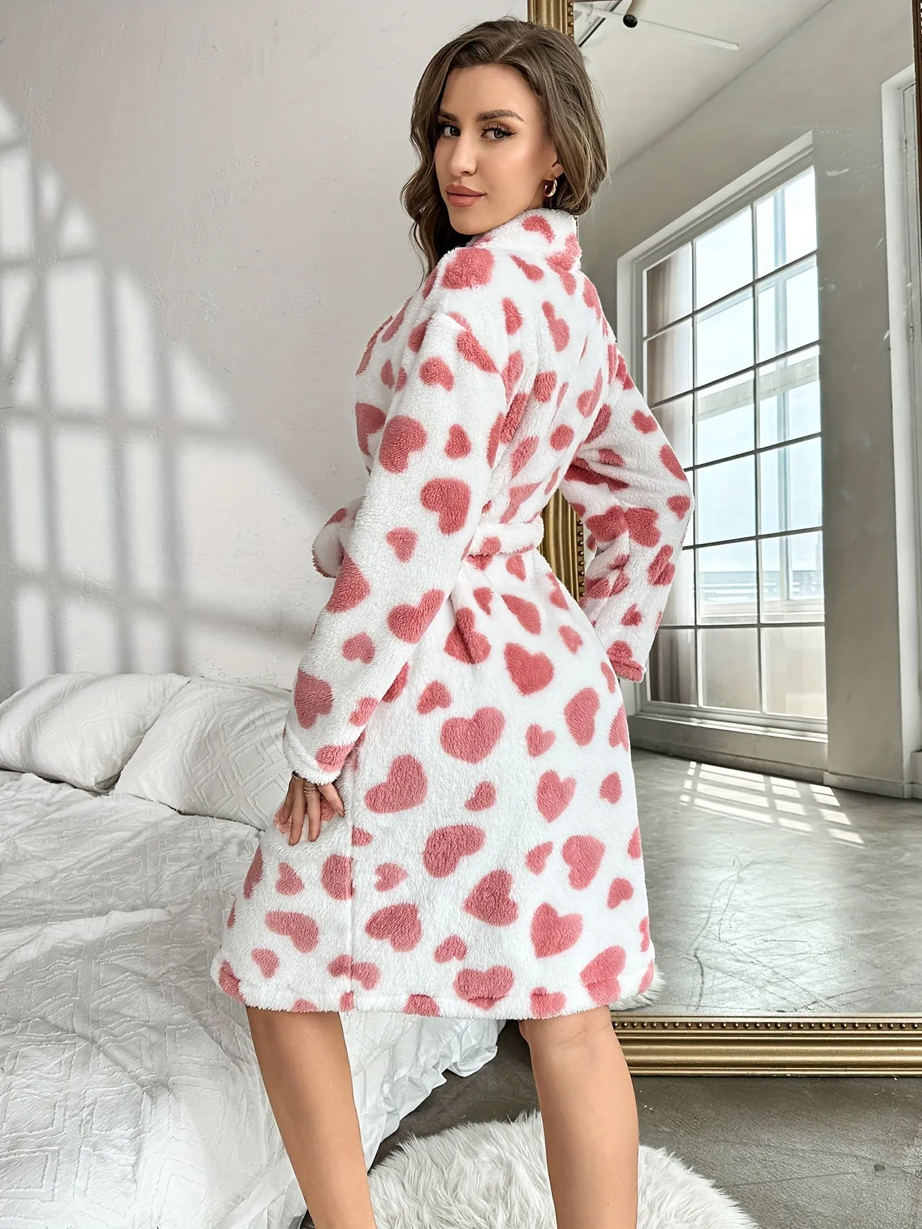 Elegant Heart Pattern Fleece Thickened Night Robe For Fall & Winter, Long Sleeve V Neck Robe With Pockets, Women's Sleepwear & Dresses