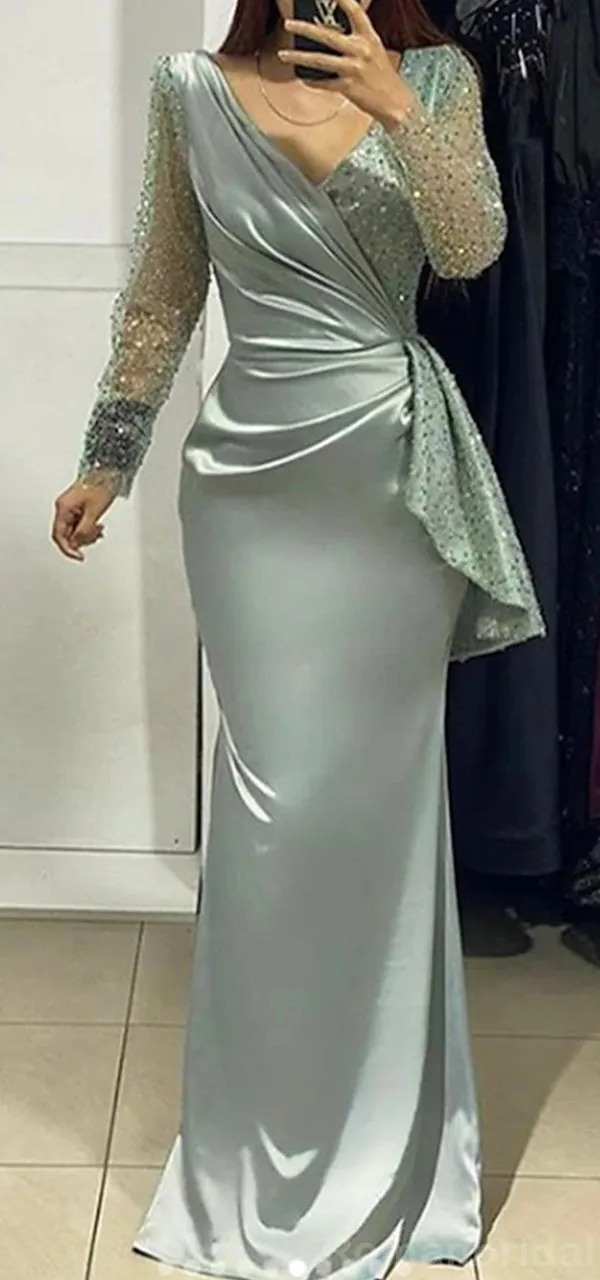 Elegant Long Sleeves V-neck Sequins Mist Mermaid Prom Dress Online, OL238