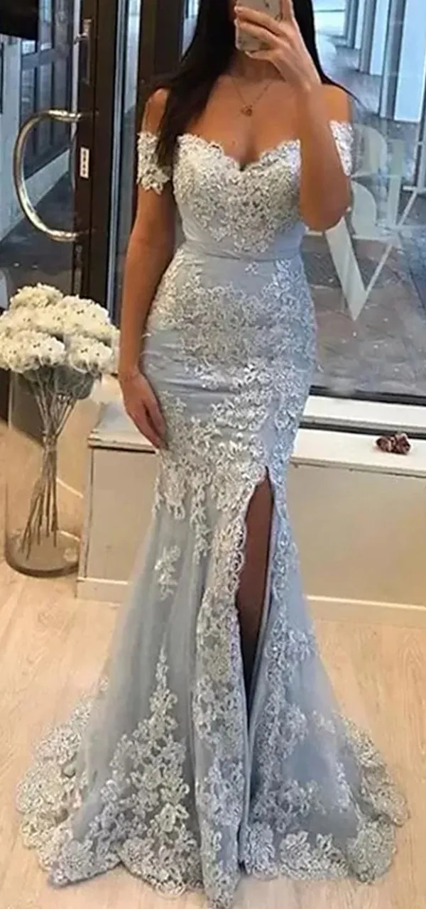 Elegant Off Shoulder Mermaid Side Slit Applique Tulle Long Prom Dress Online, OL242