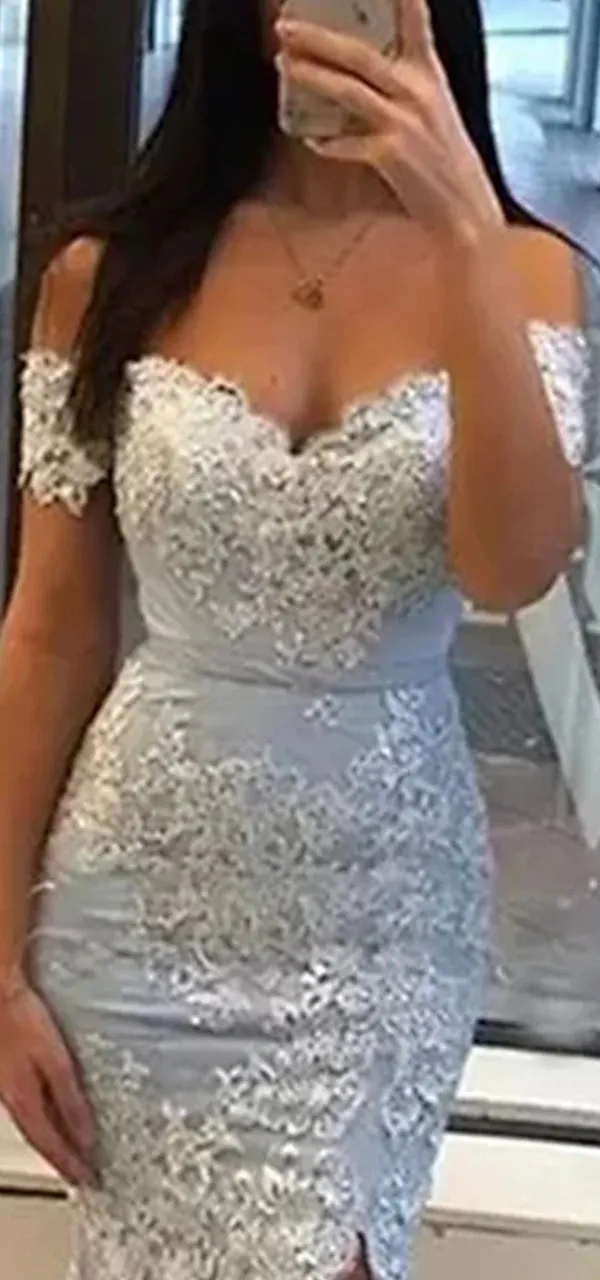 Elegant Off Shoulder Mermaid Side Slit Applique Tulle Long Prom Dress Online, OL242
