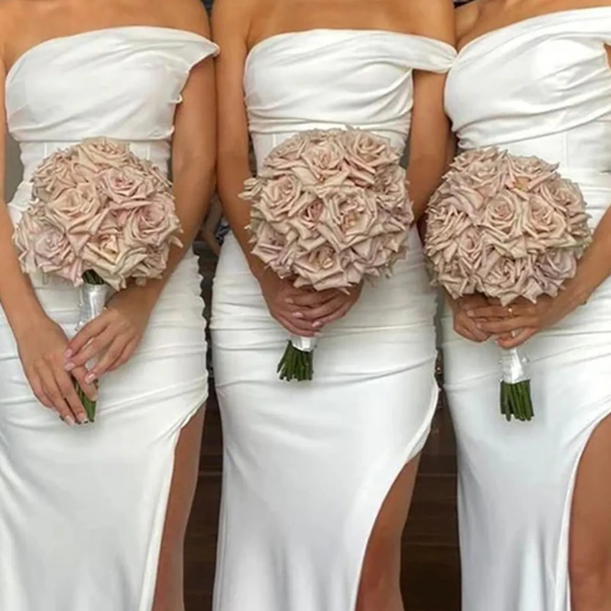 Elegant Off Shoulder Mermaid Side Slit Ivory Satin Long Bridesmaid Dresses Online, BG557