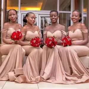 Elegant Off the Shoulder Mermaid Rose Gold Long Satin Bridesmaid Dresses Online, BG506