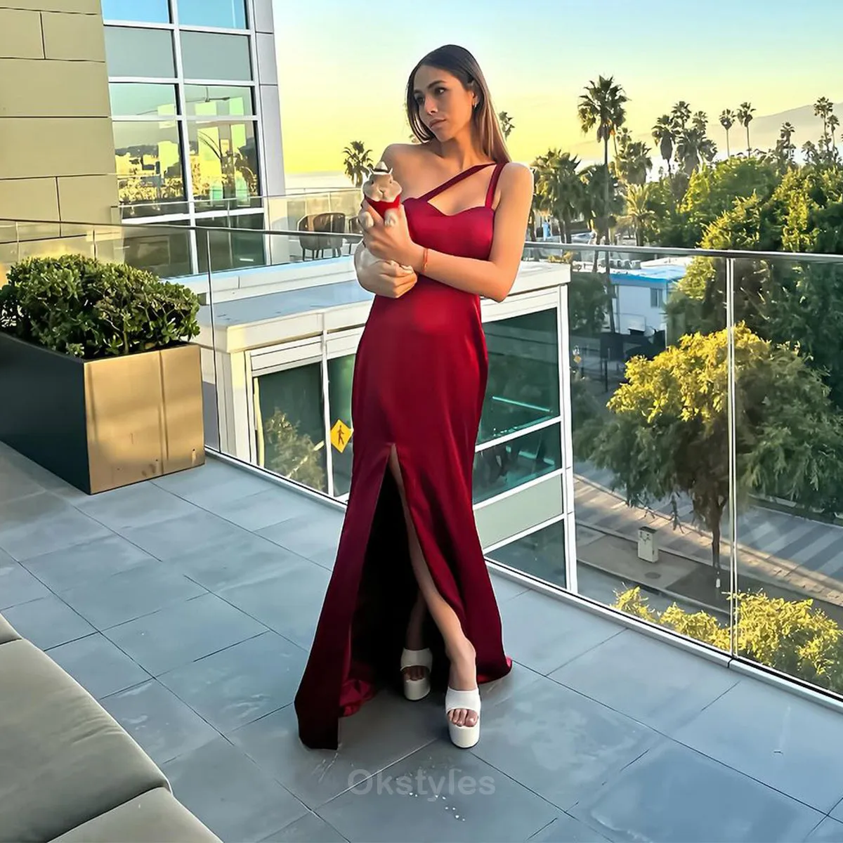 Elegant One Shoulder Mermaid Side Slit Burgundy Satin Bridesmaid Dresses Online, BG478