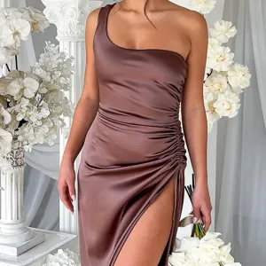 Elegant One Shoulder Mermaid Side Slit Chocolate Satin Long Bridesmaid Dresses Online, BG556