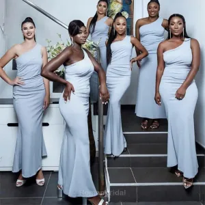 Elegant One Shoulder Sleeveless Mermaid Sky Blue Long Satin Bridesmaid Dresses, BG519