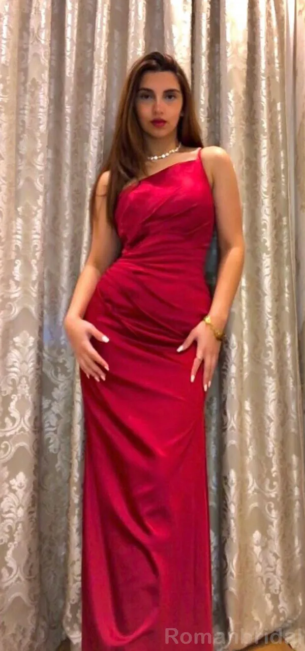 Elegant One Shoulder Spaghetti Strap Mermaid Side Slit Satin Bridesmaid Dresses Online, BG479