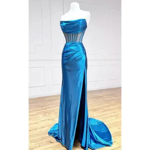 Elegant Satin Illusion Straight Neck Side Slit Mermaid Long Bridesmaid Dresses Online, BG628