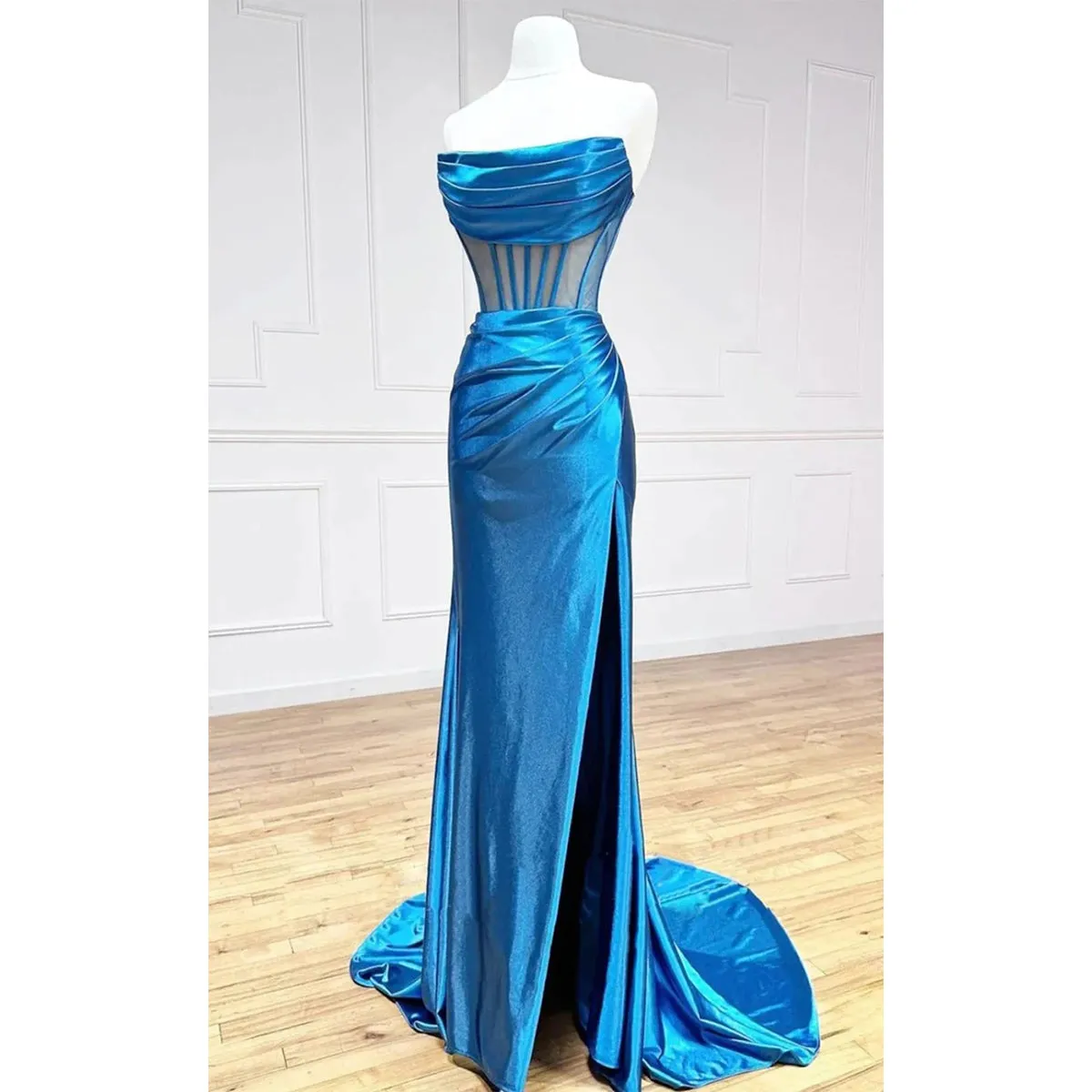 Elegant Satin Illusion Straight Neck Side Slit Mermaid Long Bridesmaid Dresses Online, BG628