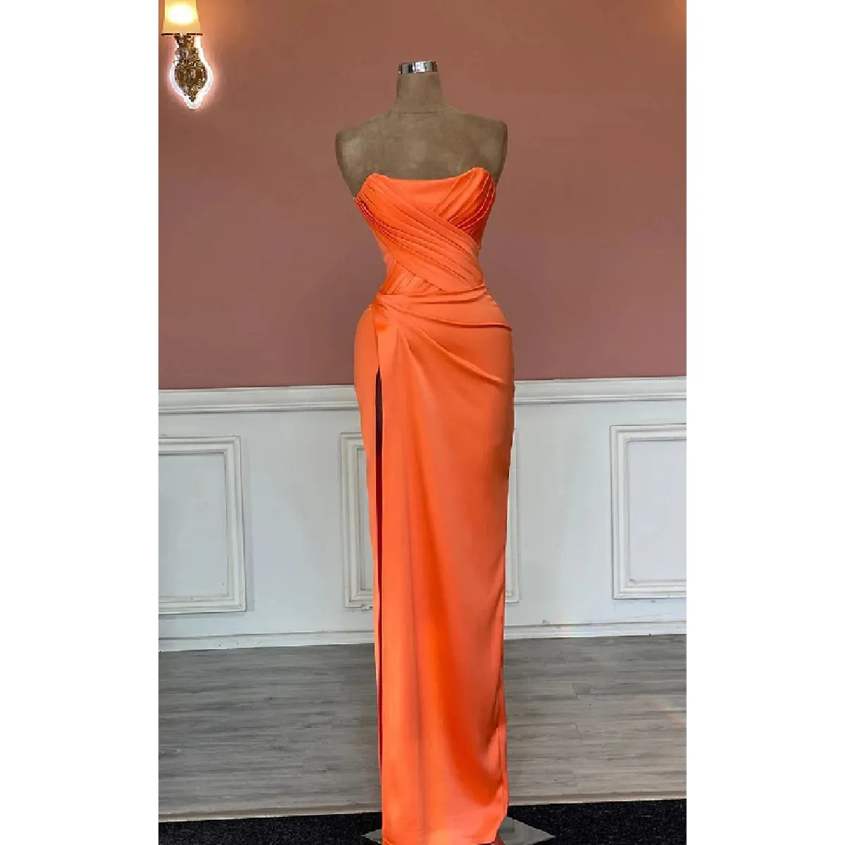Elegant Satin Straight Neck Side Slit Papaya Long Bridesmaid Dresses Online, BG620