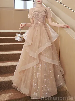 Elegant Short Sleeves A-line Tulle Champagne Evening Prom Dress Online, OL077