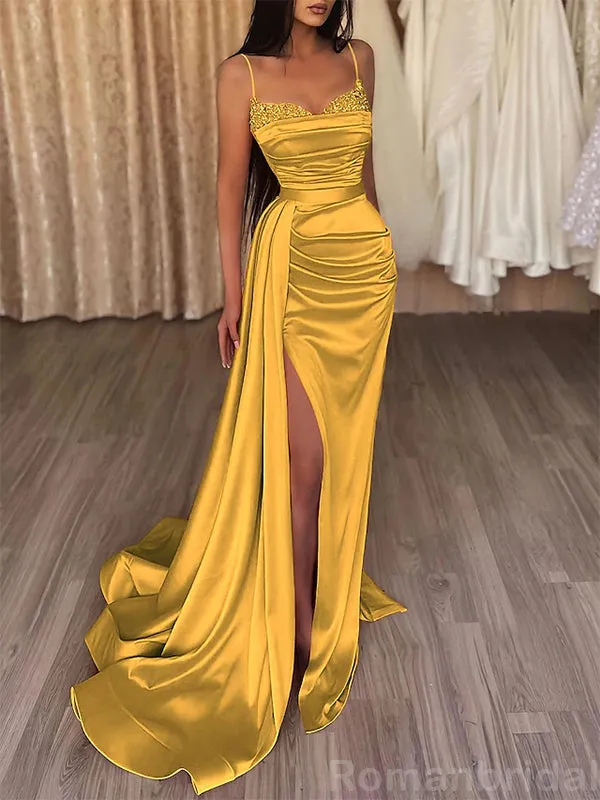 Elegant Spaghetti Straps Mermaid Side Slit Evening Prom Dress with Trailing, OL172