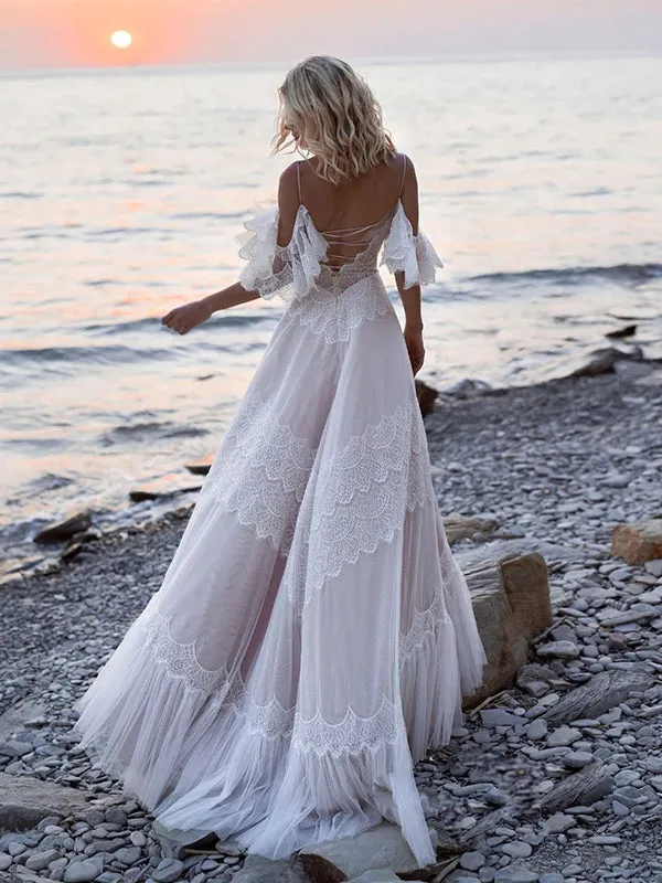 Elegant Spaghetti Straps Off the Shoulder A-line Tulle Wedding Dress Online, WD0522
