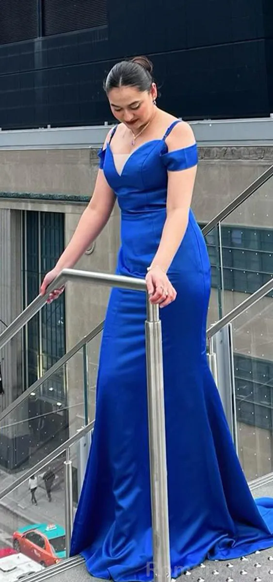 Elegant Spaghetti Straps Off the Shoulder Mermaid V-neck Royal Blue Long Satin Bridesmaid Dresses Online, BG474
