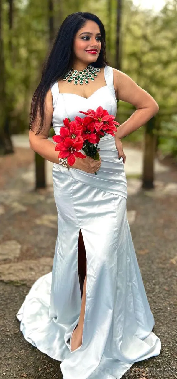 Elegant Straps Mermaid V-neck Side Slit Silver Bridesmaid Dresses Online, BG446