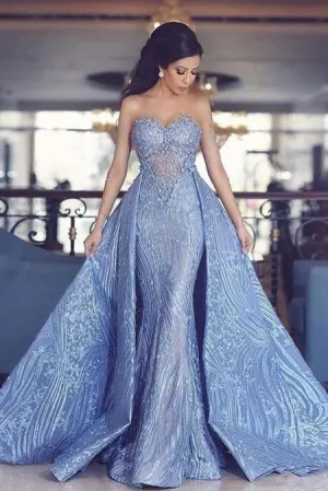 Elegant Sweetheart Mermaid Prom Dresses With Detachable Train,Fashion Blue Evening Dresses OK872