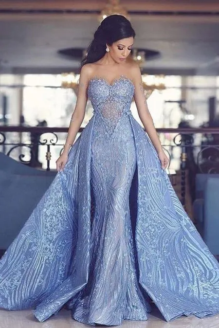 Elegant Sweetheart Mermaid Prom Dresses With Detachable Train,Fashion Blue Evening Dresses OK872