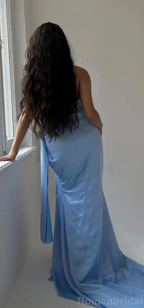 Elegant Sweetheart Mermaid Side Slit Sky-Blue Satin Bridesmaid Dresses Online, BG456
