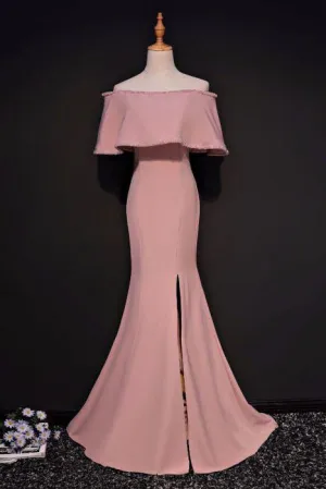 Elegant Trumpet Mermaid Off-the-shoulder Floor Length Pink Prom Dresses With Slit OK631