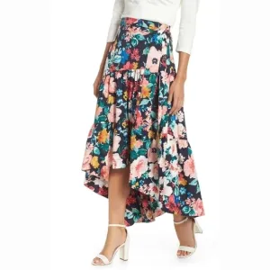 Eliza J High/Low Navy Blue Floral Tiered Skirt