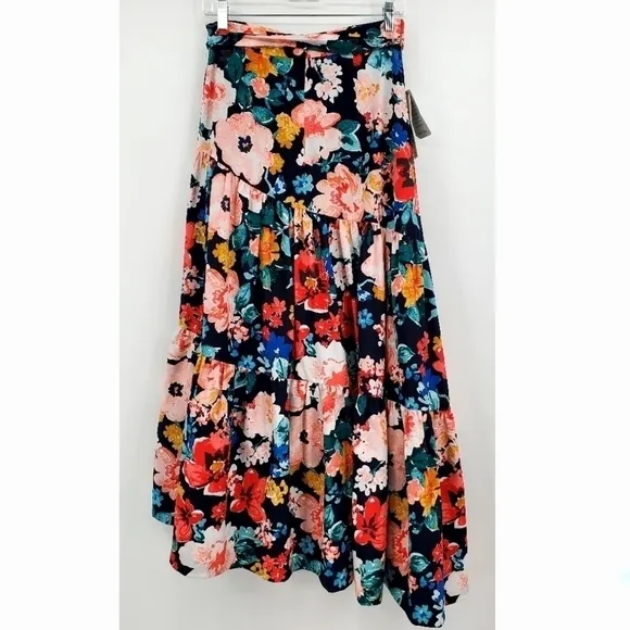 Eliza J High/Low Navy Blue Floral Tiered Skirt