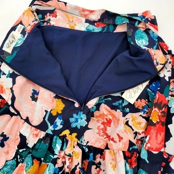 Eliza J High/Low Navy Blue Floral Tiered Skirt