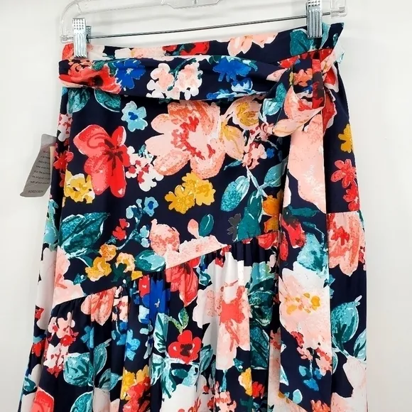 Eliza J High/Low Navy Blue Floral Tiered Skirt