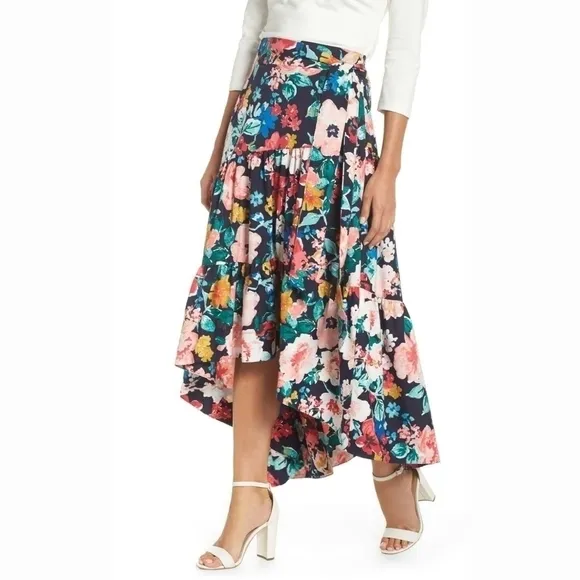 Eliza J High/Low Navy Blue Floral Tiered Skirt