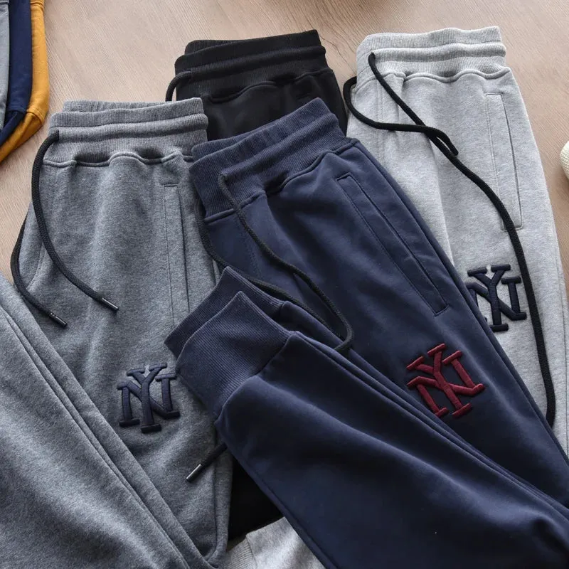 Embroidery Sweatpants - Men's Fashion Pure Cotton Loose Elastic Waist Drawstring Sport Casual Pants