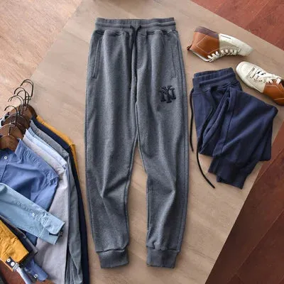 Embroidery Sweatpants - Men's Fashion Pure Cotton Loose Elastic Waist Drawstring Sport Casual Pants