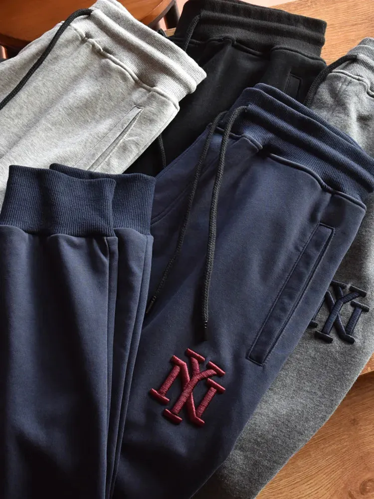 Embroidery Sweatpants - Men's Fashion Pure Cotton Loose Elastic Waist Drawstring Sport Casual Pants