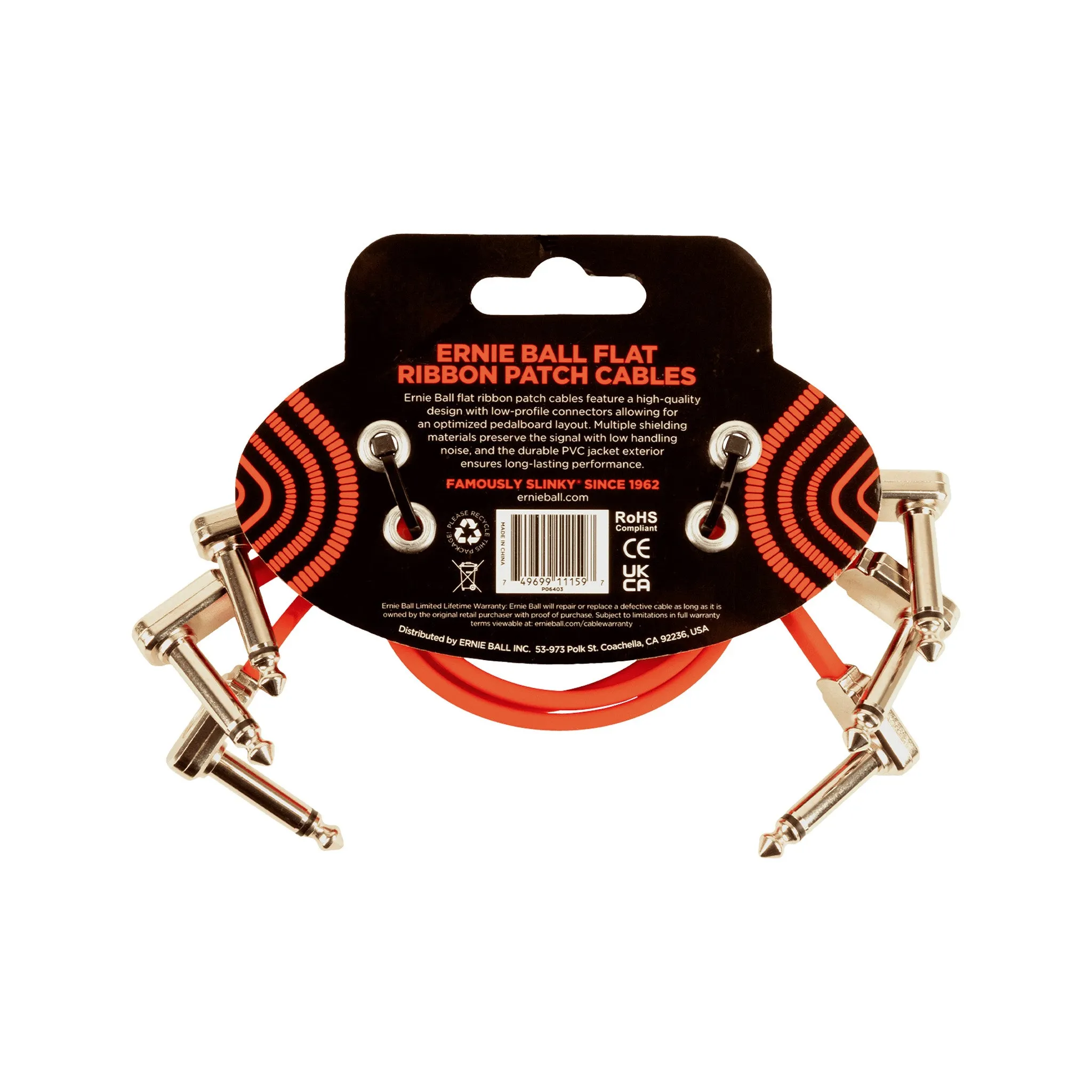 Ernie Ball 12 inch Flat Ribbon Patch Cable, Red, Pack of 3