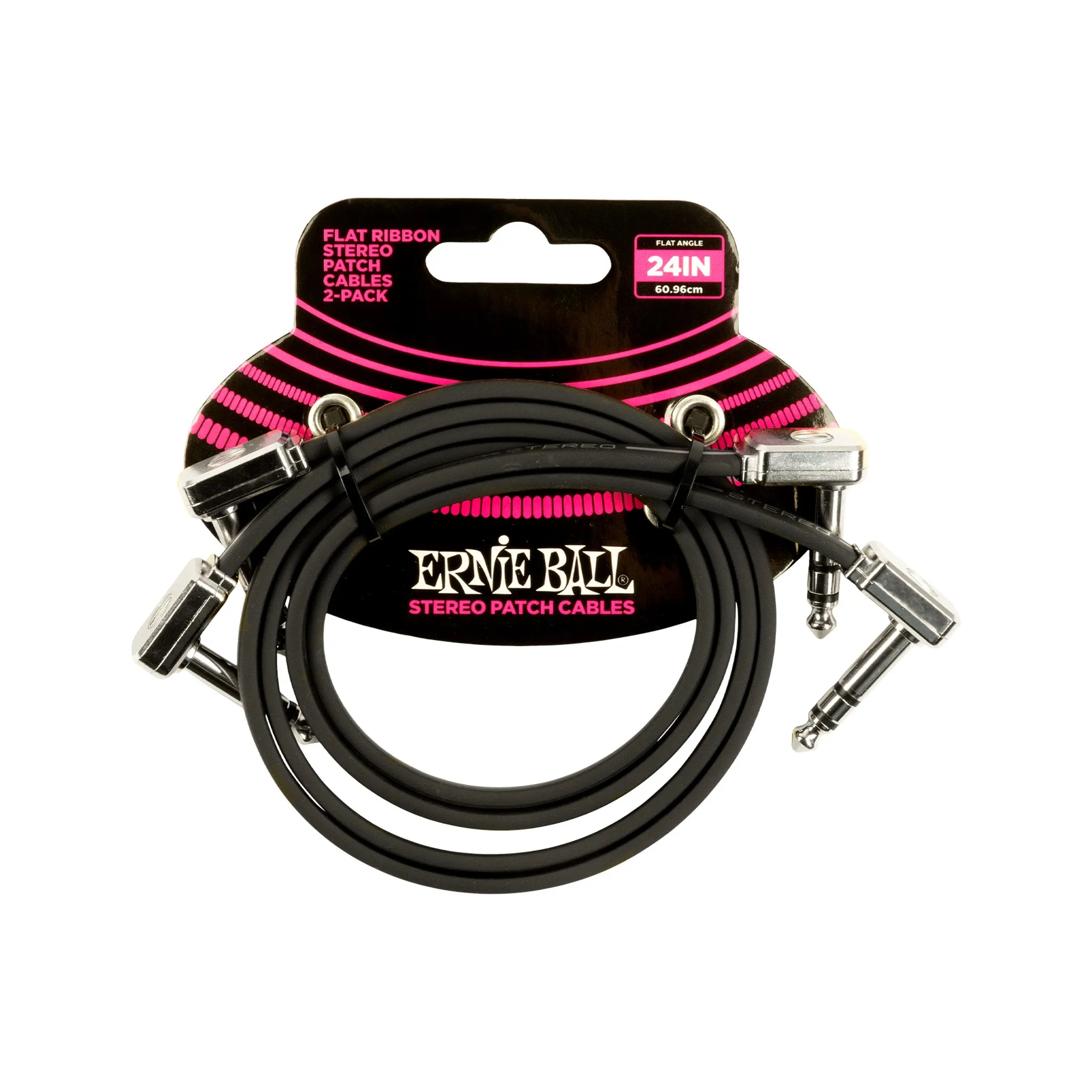 Ernie Ball 24 inch Flat Ribbon Stereo Patch Cable, Black, Pack of 2