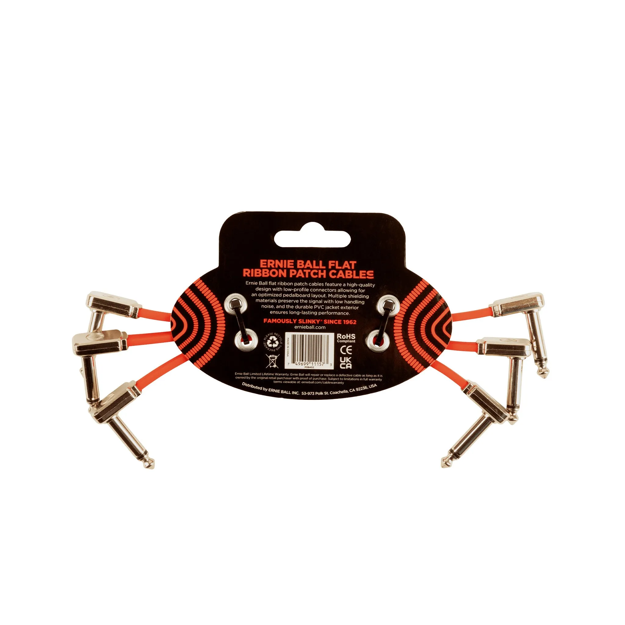 Ernie Ball 6 inch Flat Ribbon Patch Cable, Red, Pack of 3