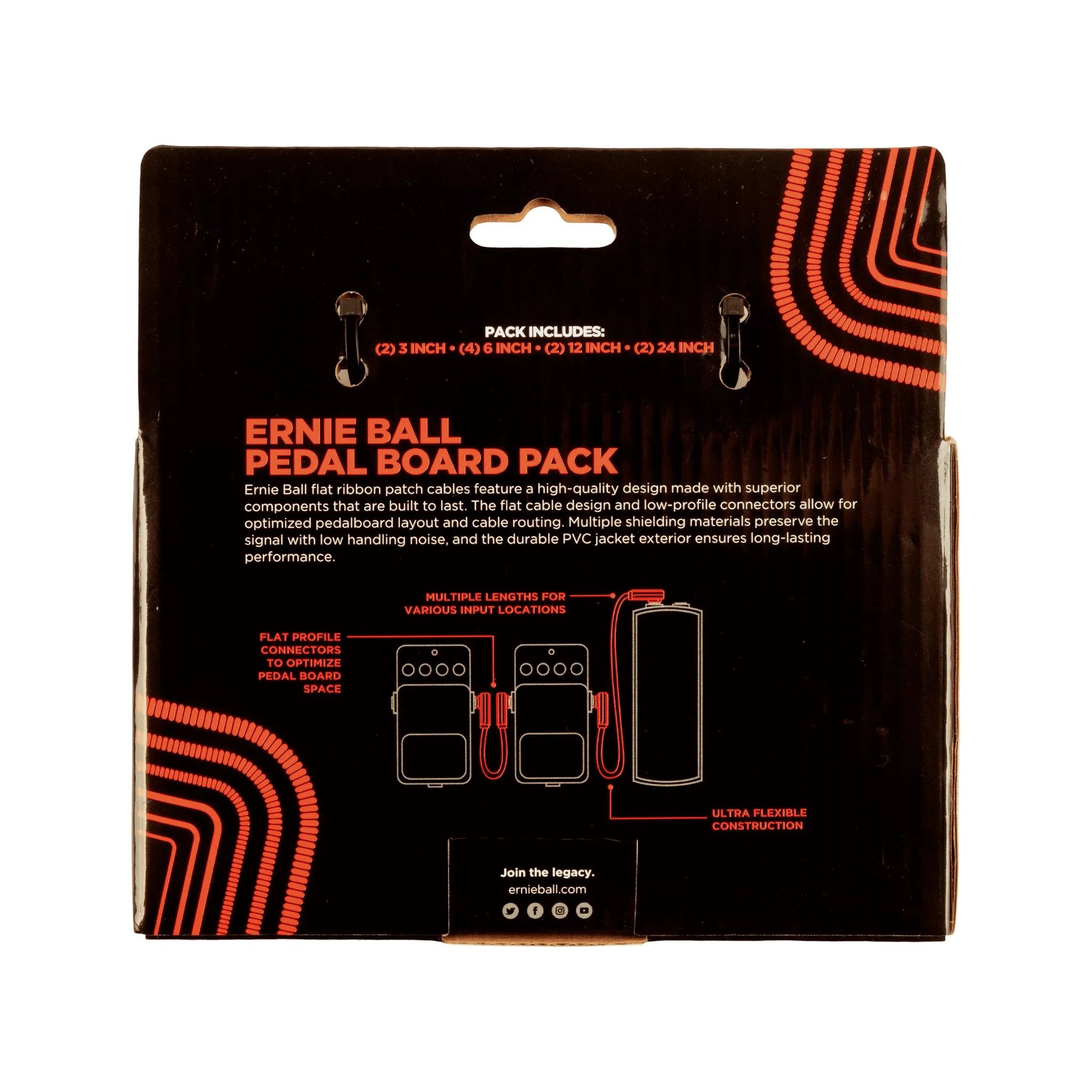 Ernie Ball Flat Ribbon Pedalboard Patch Cables, Red, Multi-Pack