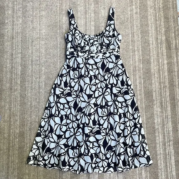 Evan Picone Black &amp; White Abstract Floral Printed Woven Midi Dress Fully Lined