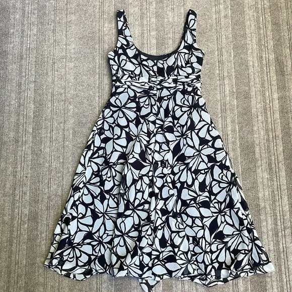 Evan Picone Black &amp; White Abstract Floral Printed Woven Midi Dress Fully Lined