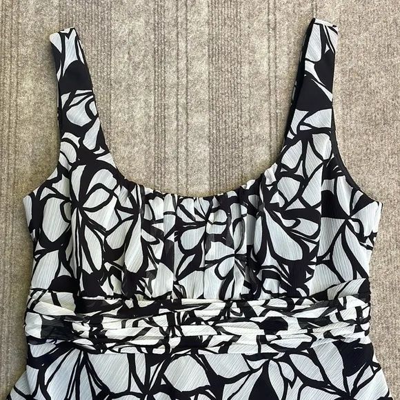 Evan Picone Black &amp; White Abstract Floral Printed Woven Midi Dress Fully Lined