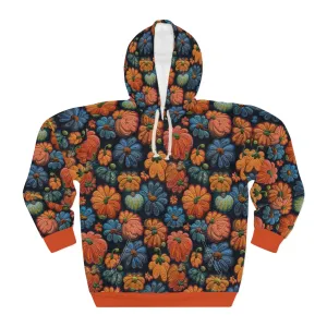Fall Flowers Pullover Hoodie, Simulated Embroidery Orange and Blue Pattern, Fall Season Sweatshirt, UnisexPullover Hoodie